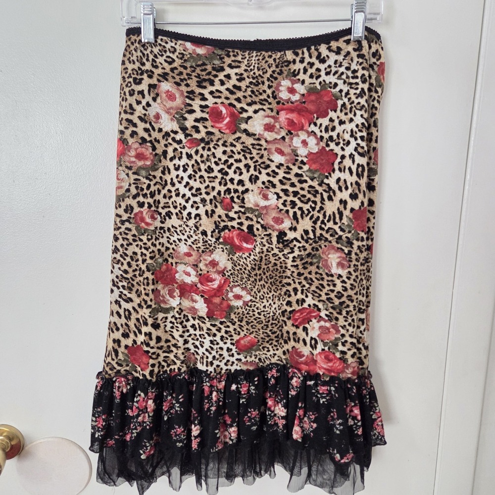 Karen Kane Lifestyle Leopard Floral Skirt Women's L Ruffle Hem Midi Animal Print